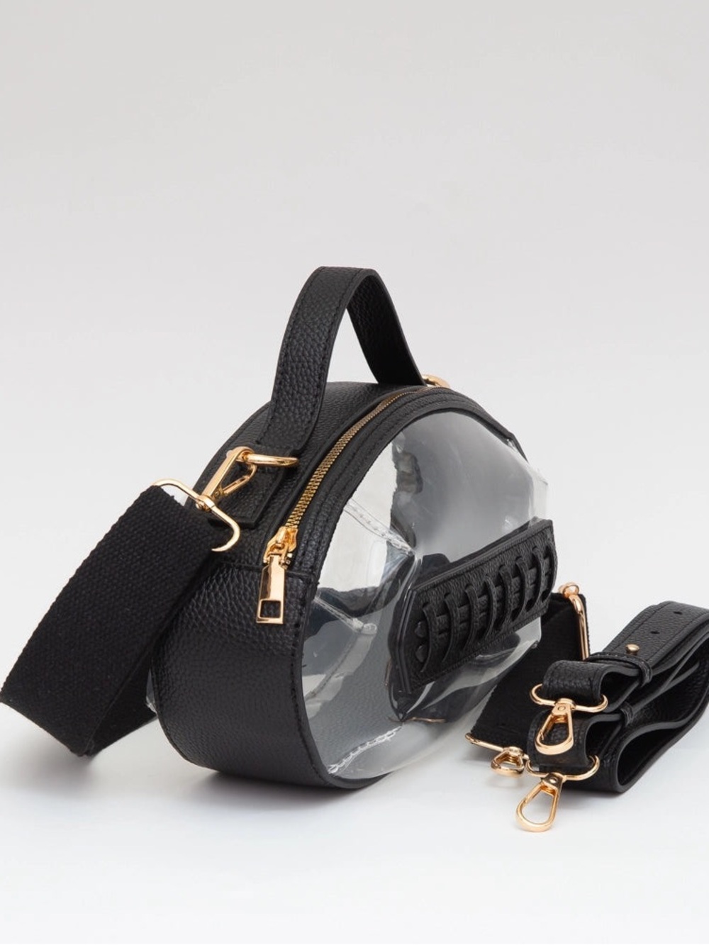 Football Shaped Clear Crossbody Bag with Leather Trim - Black